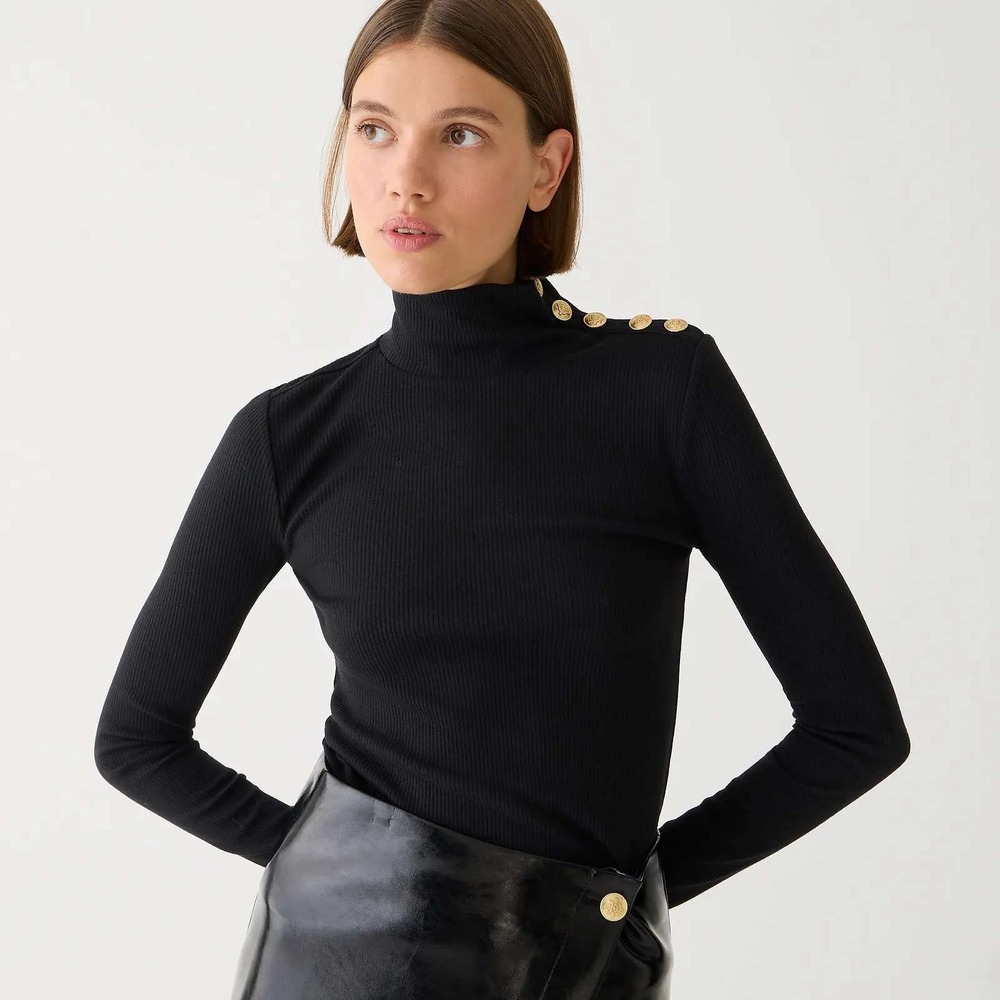J.Crew Vintage Rib Turtleneck Black Gold Button Shoulder Preppy Old Money Large